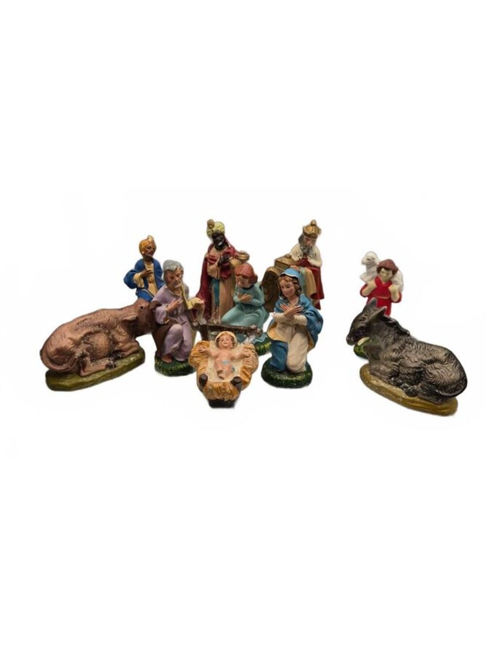 Nativity Set, 10 Hand Painted Figures, Ox Donkey, Vintage made in Japan